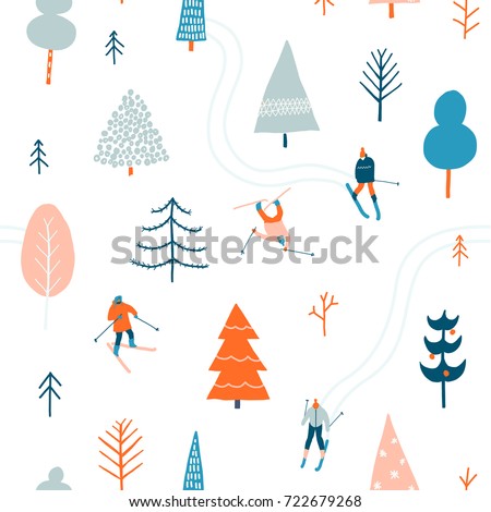 Ski seamless pattern with people skiing in the snowing forest in vector. Christmas illustration