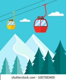 Ski season in the winter Alps. Winter landscape for web banner. flat vector illustration