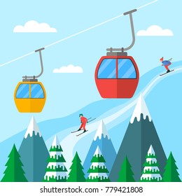 Ski season in the winter Alps. Winter landscape for web banner. flat vector illustration