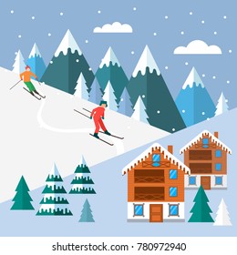 Ski season in the winter Alps. the ski resort is open. Winter landscape for web banner. flat vector illustration
