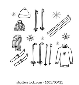 ski set hand drawn in scandinavian style. skis, sticks, hat, scarf, sweater, snowflakes