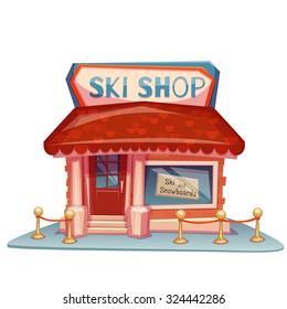 Ski shop building with bright banner. Vector illustration.