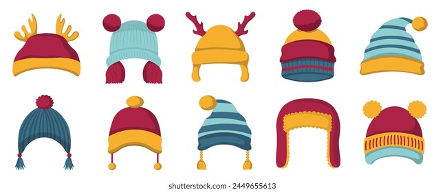 Colección de la gorra del invierno del skate, Ilustración vectorial plana del diseño de los sombreros de punto coloridos, conjunto de la ropa de otoño aislado en el fondo blanco