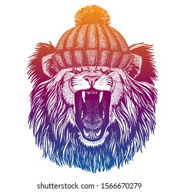 Ski, skier animal wearing woolen knitted hat. Christmas time. Cartoon character for little children. Kids print for tee