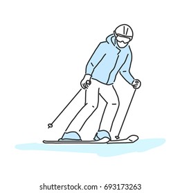 Ski and skiing winter sport, line drawing. hand drawn. vector illustration.