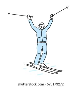 Ski And Skiing Winter Sport, Line Drawing. Hand Drawn. Vector Illustration.