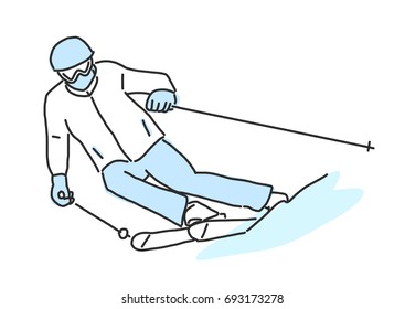 Ski And Skiing Winter Sport, Line Drawing. Hand Drawn. Vector Illustration.