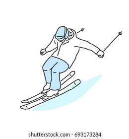 Ski and skiing winter sport, line drawing. hand drawn. vector illustration.