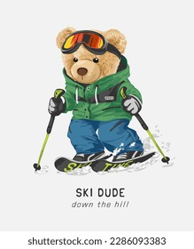 ski slogan with bear doll skiing vector illustration