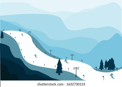 Ski slope background with mountains and winter sports. Illustrated vector of ski resort. Template for web, flyers and banners.
