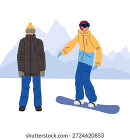 Skipistentraining. Trainer Trainer lehrt Anfänger Snowboarder Fähigkeiten des Snowboardens bergab