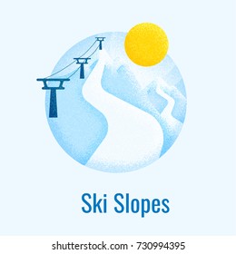 Ski slopes retro banner. Winter mountain landscape background. Vector poster for skiing resort, school