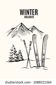 Ski in snow, mountains in winter season. Vector hand drawn