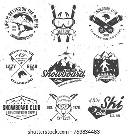 Ski and Snowboard Club emblem. Vector illustration. Concept for shirt, print, stamp, badge or tee. Vintage typography design with snowboarder and skier silhouette. Winter Extreme sport.