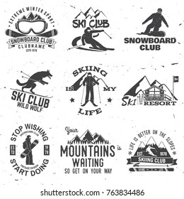 Ski and Snowboard Club emblem. Vector illustration. Concept for shirt, print, stamp, badge or tee. Vintage typography design with snowboarder and skier silhouette. Winter Extreme sport.