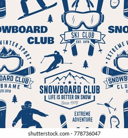 Ski and Snowboard Club seamless pattern. Vector illustration. Concept for shirt, print, stamp, badge or tee. Vintage typography design with snowboarder and skier silhouette. Winter Extreme sport.