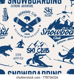 Ski and Snowboard Club seamless pattern. Vector illustration. Concept for shirt, print, stamp, badge or tee. Vintage typography design with snowboarder and skier silhouette. Winter Extreme sport.