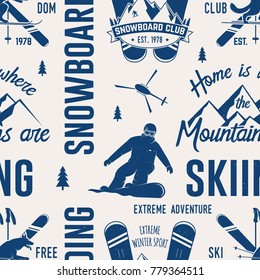 Ski and Snowboard Club seamless pattern. Vector illustration. Concept for shirt, print, stamp, badge or tee. Vintage typography design with snowboarder and skier silhouette. Winter Extreme sport.