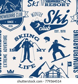 Ski and Snowboard Club seamless pattern. Vector illustration. Concept for shirt, print, stamp, badge or tee. Vintage typography design with snowboarder and skier silhouette. Winter Extreme sport.