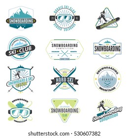 Ski and Snowboard colored Badges and labels. Collection of Ski club and snowboarding logos. Winter outdoor activity emblems and symbols in retro style. Vector.
