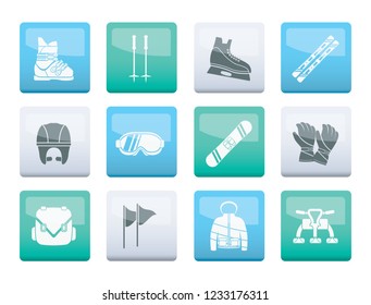 ski and snowboard equipment icons over color background - vector icon set