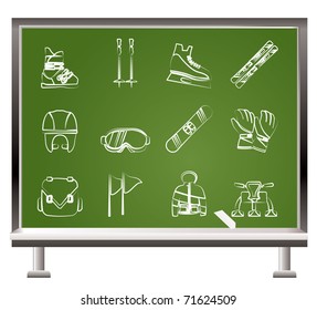 ski and snowboard equipment objects - vector illustration