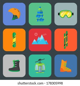 Ski And Snowboard Flat Icon Set