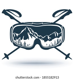 Esquí, gafas de snowboard, cruzó los postes de esquí. Logo deportivo extremo. El reflejo de las laderas de montaña con gafas. Aislado sobre un fondo blanco. Ilustración del vector