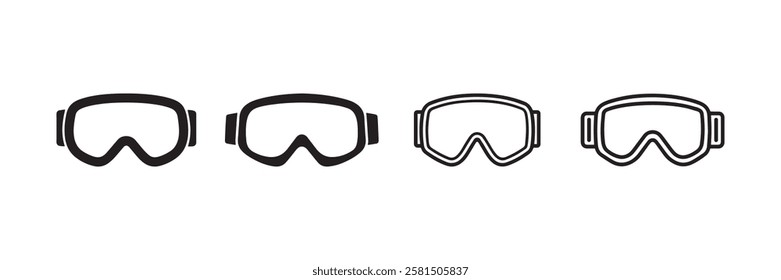 Ski and snowboard goggles icon set featuring black and outline designs perfect for sports gear branding winter activities safety signs and digital graphics in a minimal modern style.
