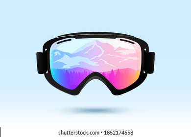 Ski- oder Snowboardbrillen mit Spiegelbild der Berge. Vektorgrafik.