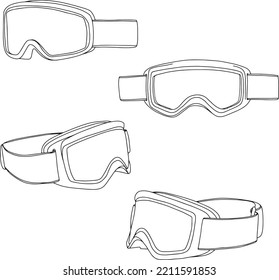 Ski and snowboard goggles, seen from many angles outlined vector isolated goggles illustration, winter sports protection equipment item