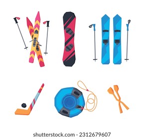 Ski, Snowboard, Ice Hockey Stick and Inner Tube for Sliding Vector Set