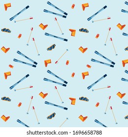 Ski and snowboard line equipment seamless pattern.