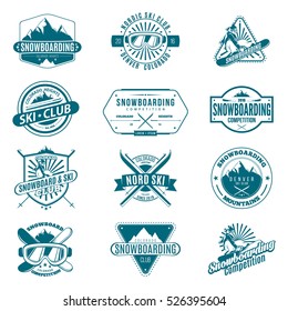 Ski and Snowboard monochrome Badges and labels. Collection of Ski club and snowboarding logos. Winter outdoor activity emblems and symbols in retro style. Vector