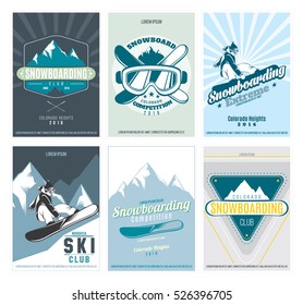 Carteles de esquí y snowboard puestos. Colección de plantillas de maquetación de ski club y snowboard. Emblemas de actividad al aire libre de invierno ambientados en estilo retro. Vector
