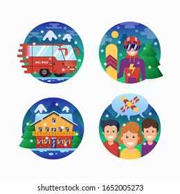 Ski or Snowboard Resort Icons Collection. Vector Circle Banners of Snowboarding Instructor, Ski Bus, Alpine Hotel and Like-Minded People with Snowflakes. Action Sports Emblems Set. Isolated.