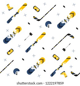 Ski, snowboard, skate, hockey equipment. Winter sports objects. Seamless pattern on white bacground. Flat vector illustration. 