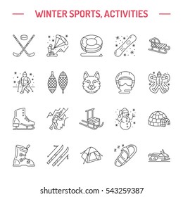 Ski, snowboard, skates, tubing, ice kiting, climbing and other winter sport line icons. Outdoor activity thin linear pictogram such as camping, igloo building, snow angel making. Equipment rent signs.