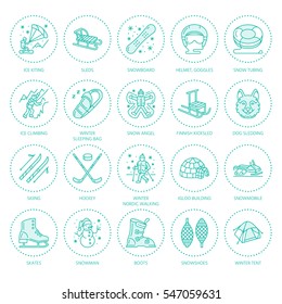 Ski, snowboard, skates, tubing, ice kiting, climbing and other winter sport line icons. Outdoor activity thin linear pictogram such as camping, igloo building, snow angel making. Equipment rent signs.