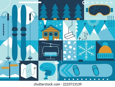 Ski and snowboard. Snowboarding, skiing. Winter sports. Snowboard and Ski in the Ski Mountain Resort. Outdoor adventure