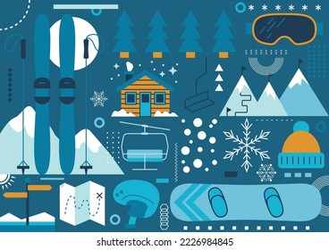 Ski and snowboard. Snowboarding, skiing. Winter sports. Snowboard and Ski in the Ski Mountain Resort. Outdoor adventure