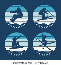 Ski And Snowboard Winter Sport Logo Template Pack With Skier And Snowboarder Jump Silhouette