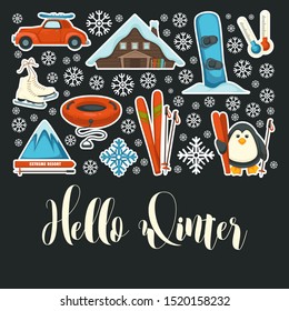 Ski and snowboard, winter sport and outdoor activity, extreme resort vector. Skates and tubing, countryside house and snowy mountain. Car and penguin, low temperature on thermometer and snowflakes