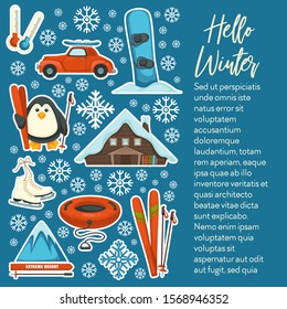 Ski and snowboard, winter sport and outdoor activity, extreme mountain resort vector. Skates and tubing, countryside house and snowy mountain. Car and penguin, low temperature on thermometer