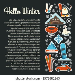 Ski and snowboard, winter sport and outdoor activity, extreme mountain resort vector. Skates and tubing, countryside house and snowy mountain. Car and penguin, low temperature on thermometer