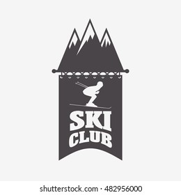 Ski and snowboarding resort logo, emblem, label or badges vector element. Skiing club symbol concept with skier and mountains