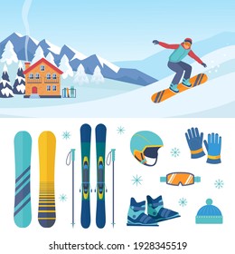Ski and snowboarding set. Stylish descent boards and professional skiing with poles protective blue helmet special boots orange snow mask with gloves outdoor activities. Vector extreme.