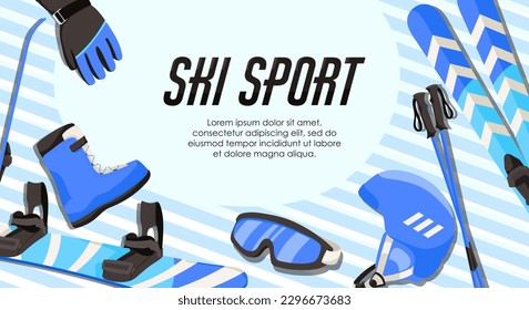 Ski sport banner in blue design. Skiing equipment in poster: skis, snowboard, helmet, poles, goggles isolated on background with text. Promotion for winter sport school template. Vector illustration