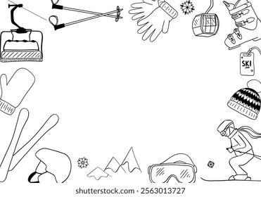 Ski sport banner in graphic line style. Skiing equipment in poster skis, helmet, poles, goggles isolated on background. Promotion for winter sport school template. Vector illustration
