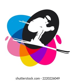 Ski sport graphic with colorful design elements.